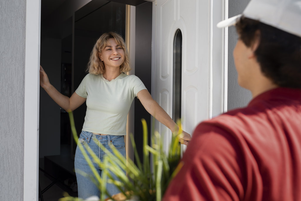 Homem vendendo na porta de uma mulher, que abriu a porta e está bem sorridente